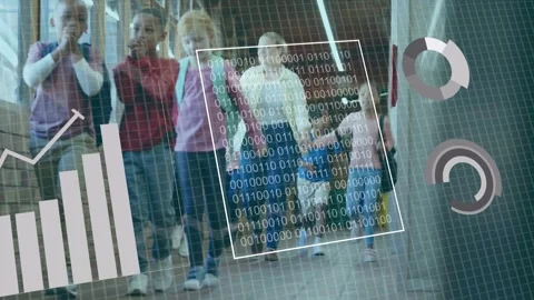 Teacher leading students walking toward camera, causing data overlays updating Stock Footage 334322011