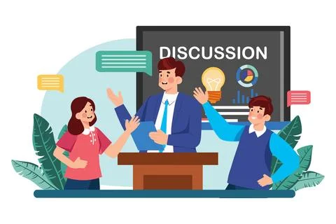 A teacher leads a class discussion on a current event. Stock Illustration