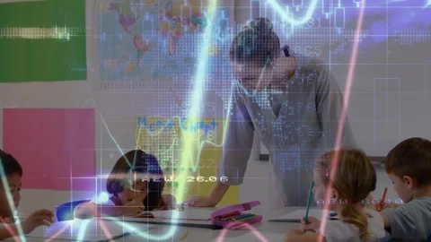 Teacher leaning and pointing at table school, initiating data graphs sweeping Stock Footage 329788131