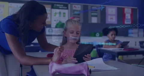 Teacher leaning guiding student tapping tablet, overlaying code waves rising Stock Footage 330191282
