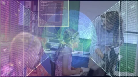 Teacher leaning over right student as students typing, pointing causing globe, Stock Footage 331227341