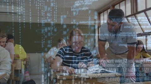 Teacher leaning pointing at textbook clarifying lesson student following code Stock Footage 333510323