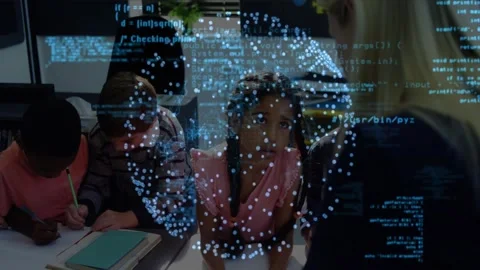 Teacher leaning right starting AR globe over tabs, code scrolling girl raising Vídeos de archivo 331197614