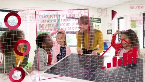 Teacher leaning on solar panel, teaching students, red globe and grid forming Stock Footage 333950430