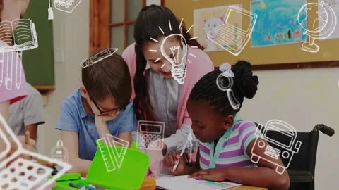 Teacher leaning at table guiding child writing, white doodles obscuring faces, Stock Footage 333962615