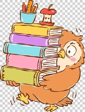 Teacher Life, Owl Carrying Stack of Books Cartoon Hand Drawn Stock Illustration