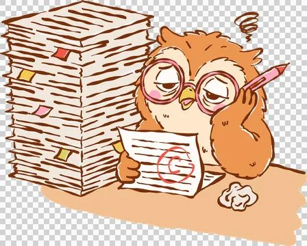 Teacher Life, Tired Owl With Stack of Papers and C Grade Cartoon Hand Drawn Stock Illustration