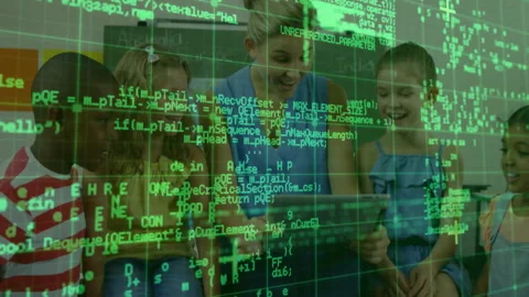 Teacher lifting tablet as code grid overlay shifts guiding children exploring Stock Footage 311507764