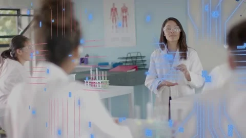 Teacher lifting test tube in lab causing blue red overlays forming schematic Stock-Footage 334371705