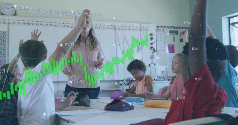 Teacher lifting token seeking answers, class raising hands in order, child Stock Footage 331349787
