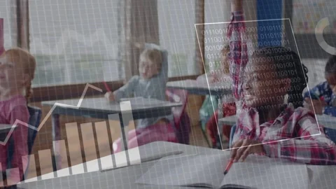 Teacher moving to desks activating animated charts shifting to girl raising hand Stock Footage 334693919