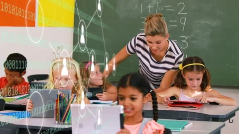Teacher moving toward seated student while tablet use expanding digital overlay Stock Footage 334321850