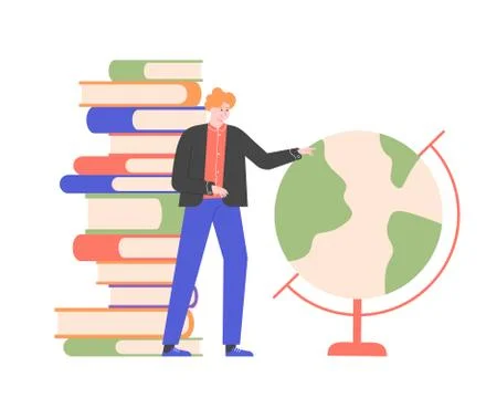 Teacher next to a stack of books and a globe. Illustration