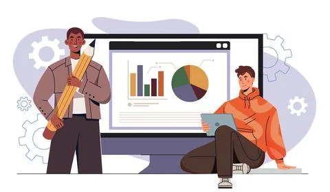 Teacher online concept. Boy with tablet looks at man with pencil. Distance 스톡 일러스트