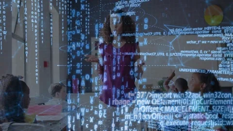 Teacher opening hands and pacing in classroom, generating increasing code Stock Footage 331214368