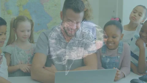 Teacher operating laptop, activating 3D brain hologram above screen for lesson, Stock Footage 320725297