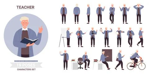 Teacher or man professor work pose set, teaching, front side and back view Stock Illustration