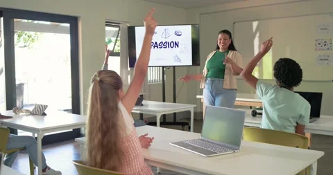 Teacher at PASSION screen in class asking question teens raising hands to answer Stock Footage 335808847