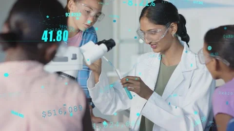 Teacher picking pipette starting science demo guiding class as teal data Stock Footage 333936600