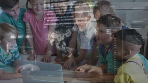 Teacher placing laptop, inviting students, revealing coding with globe overlay Stock Footage 314709649