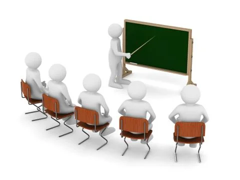 Teacher with pointer at blackboard. Isolated 3D image Illustrazione stock