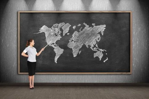 Teacher with pointer point to drawing world map Foto stock