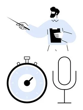 Teacher With Pointer, Stopwatch, and Microphone Representing Education, Tim.. Stock Illustration