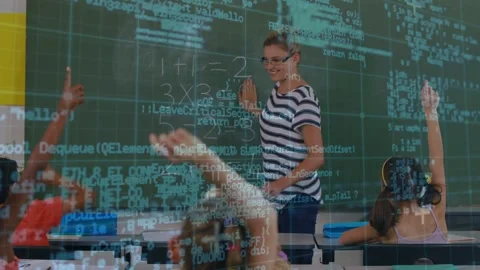 Teacher pointing and writing, teaching math on board, code HUD layering class, Stock Footage 334728648