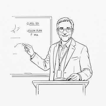 Teacher pointing at blackboard, lesson plan, class 101, physics Silhouette Stock Illustration