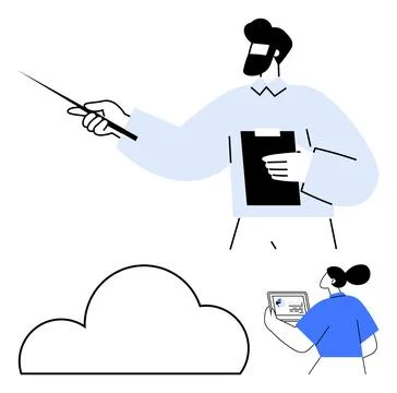 Teacher pointing to cloud with a pointer stick, student holding device below Illustrazione stock