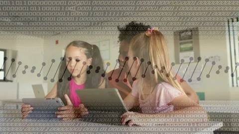Teacher pointing, guiding students on tablets, overlay showing binary and graph Video stock 333005064