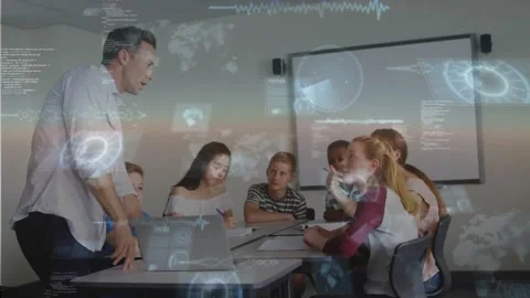 Teacher pointing at laptop, activating edu HUD showing maps and waves to show Stock Footage 321100013