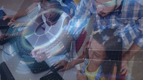 Teacher pointing monitors, guiding students using mouse while HUD rotating Stock Footage 330756351