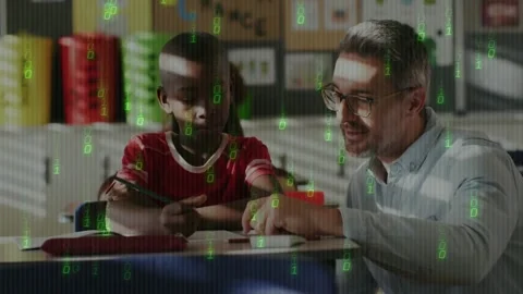 Teacher pointing at paper guiding student through writing exercise with floating Stock Footage 330584312