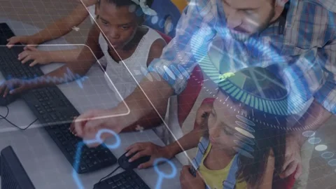 Teacher pointing screen, guiding center pupil at keys, blue hologram marking Stock Footage 330032846