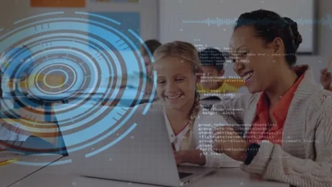 Teacher pointing at screen, guiding student tapping laptop while HUD animating, Stock Footage 332289357