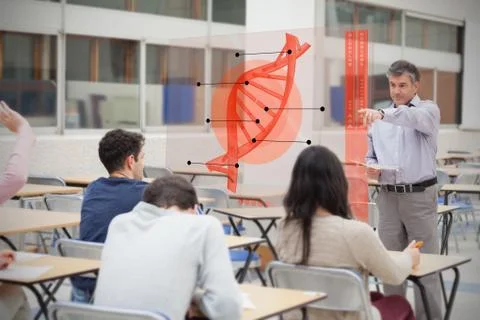Teacher pointing student with futuristic interface with DNA on it 스톡 일러스트