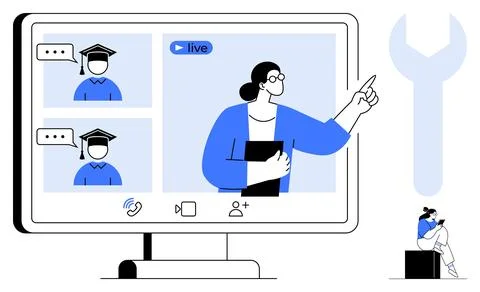 Teacher pointing at students on live stream screen while smaller figure uses  스톡 일러스트