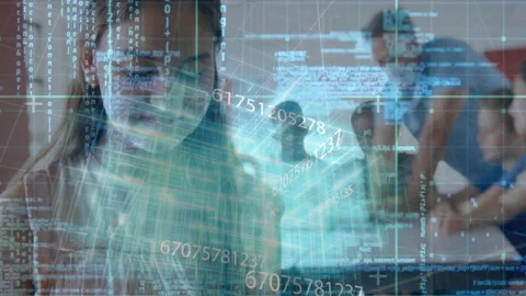 Teacher pointing tablet causing code overlays while teen girl tapping tablet Stock Footage 310662943