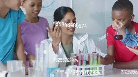 Teacher pointing test tubes, leading science demo while children passing flasks, Stock Footage 334372887