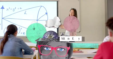 Teacher pointing at whiteboard teaching math spurring collage obscuring torso Stock Footage 330888097