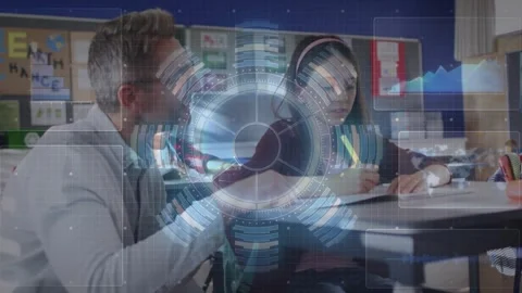 Teacher pointing at workbook, guiding student and activating rotating chart Stock Footage 320288115