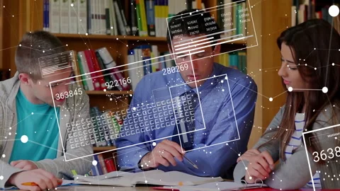 Teacher pointing worksheet causing floating panels showing math solutions for 库存影片 312280051