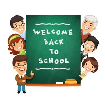 Teacher Points to the Blackboard with Welcome Back to School Phr Stock Illustration