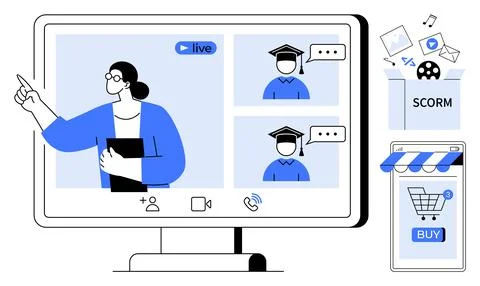 Teacher points during a live session on a screen with students present. Modul 스톡 일러스트