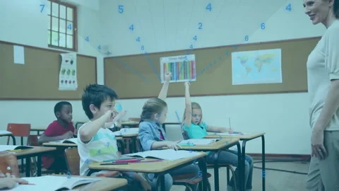 Teacher posing question in classroom driving kids raising hands with floating Stock Footage 310429152