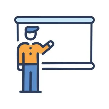 Teacher presentation board. Instructor giving a lesson on a whiteboard. Edu.. Illustrazione stock