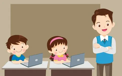 Teacher presenting computer learning and students boy ,girl sitting in class Illustrazione stock