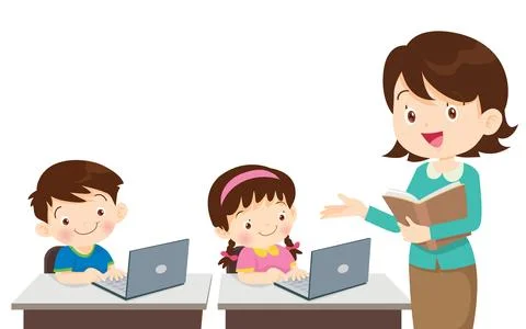 Teacher presenting computer learning and students boy ,girl sitting in class Stock Illustration