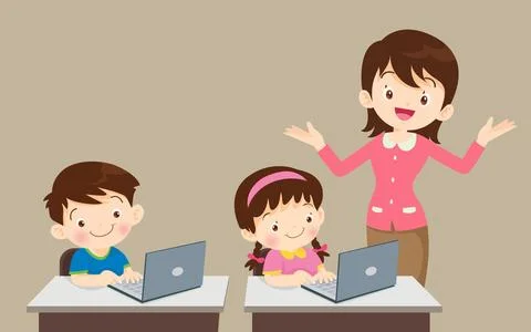 Teacher presenting computer learning and students boy ,girl sitting in class Stock Illustration